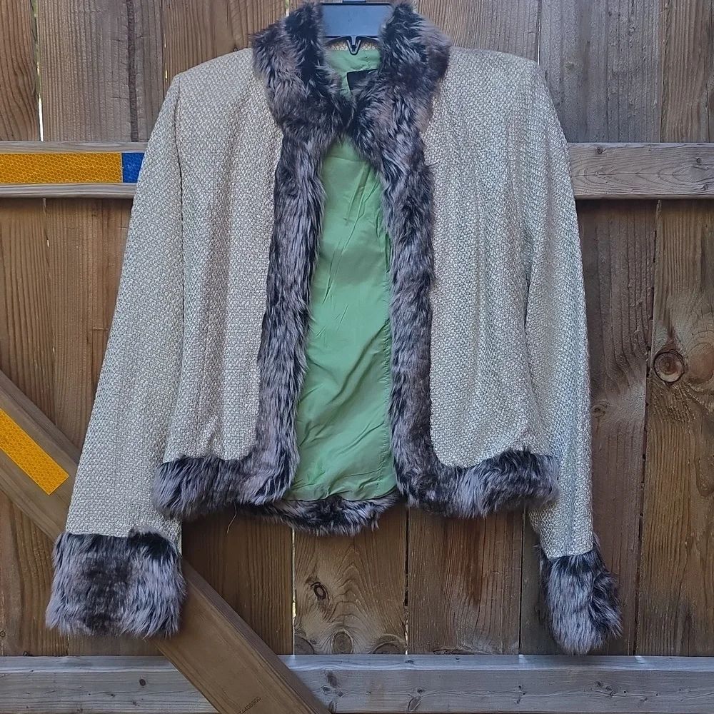 Faux Fur Trimmed Jacket with Green Lining